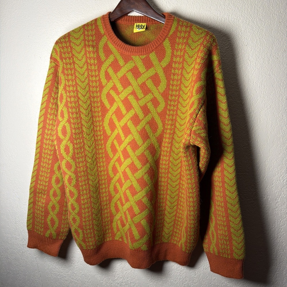 Iggy Mens Size Medium Orange & Yellow Knit Sweater Wool Blend Pullover Geometric
